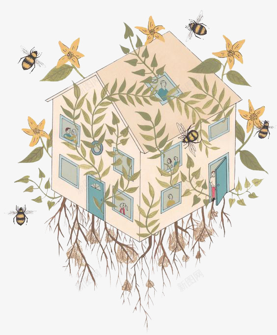 树藤缠绕的房子png免抠素材_新图网 https://ixintu.com 房子 树藤 缠绕 蜜蜂