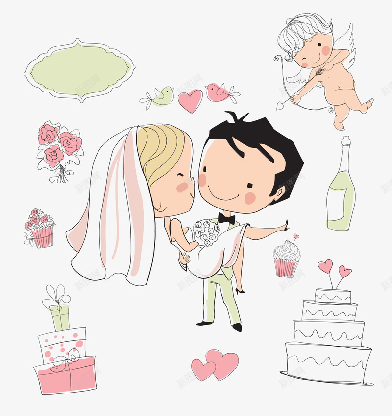 婚礼上的新郎新娘png免抠素材_新图网 https://ixintu.com 丘比特 公主抱 王子和公主 礼物 蛋糕