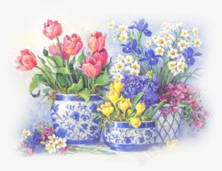 手绘水彩花朵花盆素材