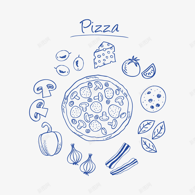 手绘披萨和蔬菜png免抠素材_新图网 https://ixintu.com 手绘披萨 披萨 蔬菜