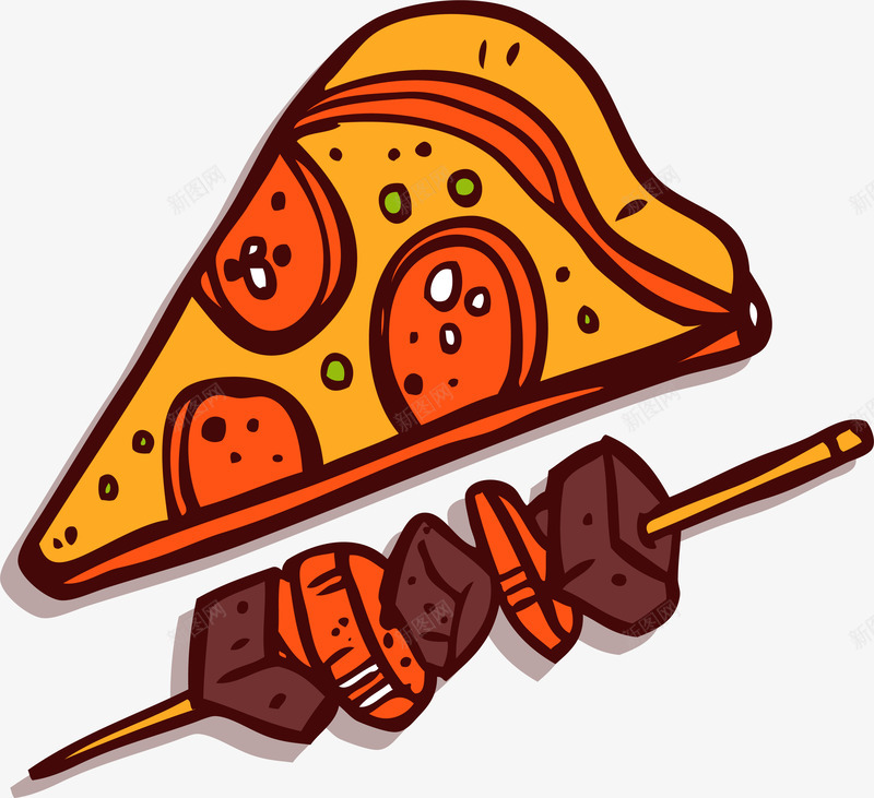 手绘烤串披萨食物png免抠素材_新图网 https://ixintu.com 快餐 手绘 披萨 烤串 矢量图案 餐饮食物