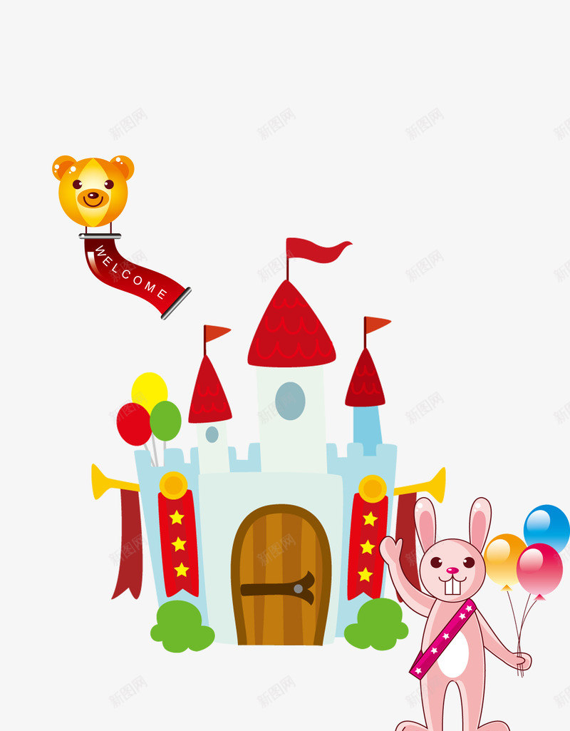 卡通乐园png免抠素材_新图网 https://ixintu.com 卡通城堡 卡通画 可爱兔子 气球 游乐园剪影 美好时光