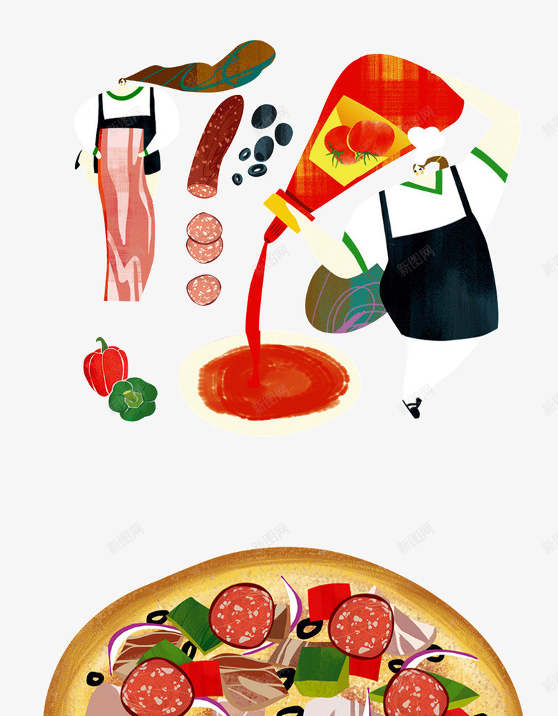 卡通培根披萨制作png免抠素材_新图网 https://ixintu.com 厨师 培根 披萨 抽象 拉通 柿子椒 番茄酱 食品