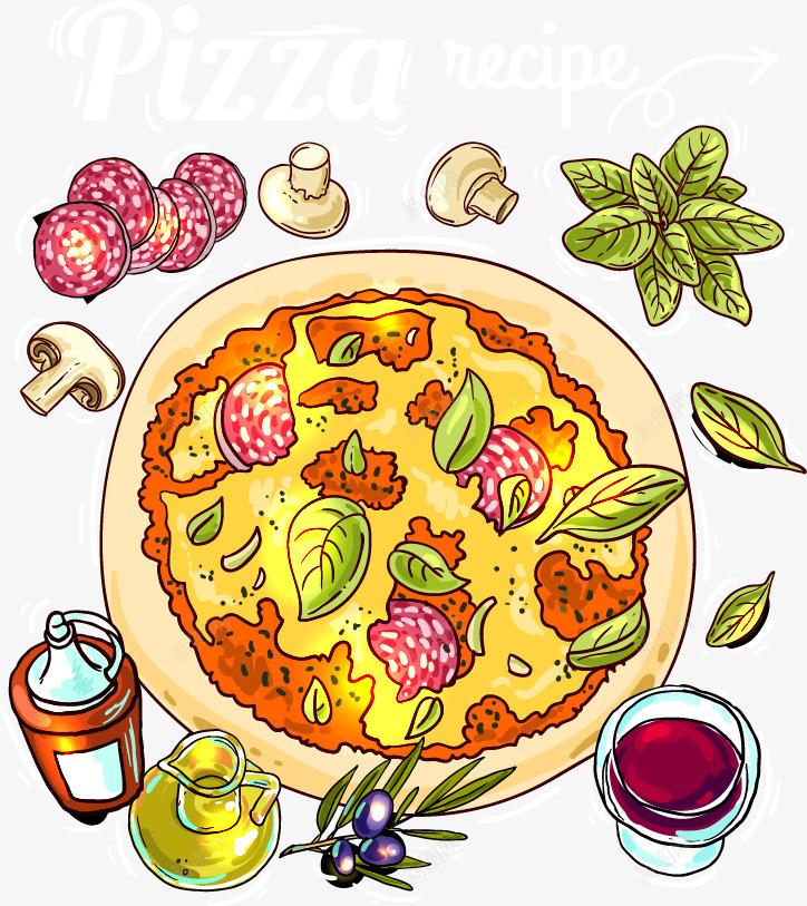 手绘卡通披萨矢量图ai免抠素材_新图网 https://ixintu.com 卡通 手绘 披萨 香料 香菇 矢量图
