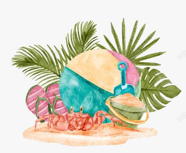 绿叶螃蟹png免抠素材_新图网 https://ixintu.com 卡通 夏威夷风 手绘 水彩 绿叶 螃蟹 装饰