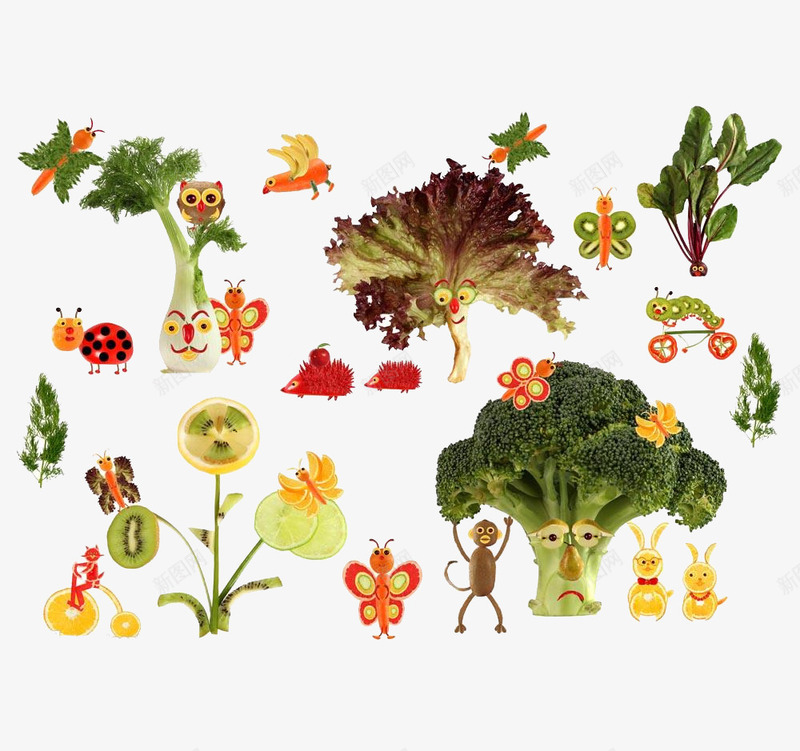创意蔬菜水果png免抠素材_新图网 https://ixintu.com 创意水果图案呢 水果猴子 水果蝴蝶 茭白 蔬菜 西兰花