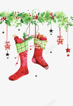 圣诞红色礼物袜子绿叶素材