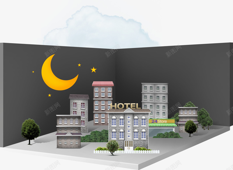 月亮和房屋png免抠素材_新图网 https://ixintu.com 城市 建筑 房子 星星 月亮 高楼