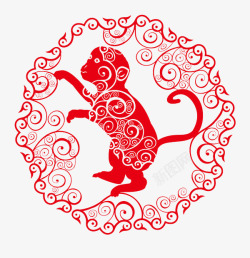 中国风红色剪纸猴子素材