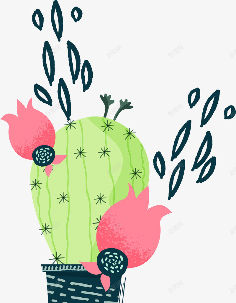 花朵和仙人掌png免抠素材_新图网 https://ixintu.com 仙人掌 卡通 手绘 简图 粉色 绿色 花朵 花盆