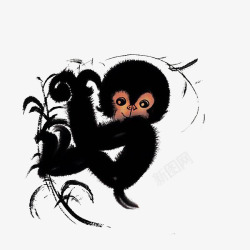 中国风水墨画黑色的可爱小猴子免素材
