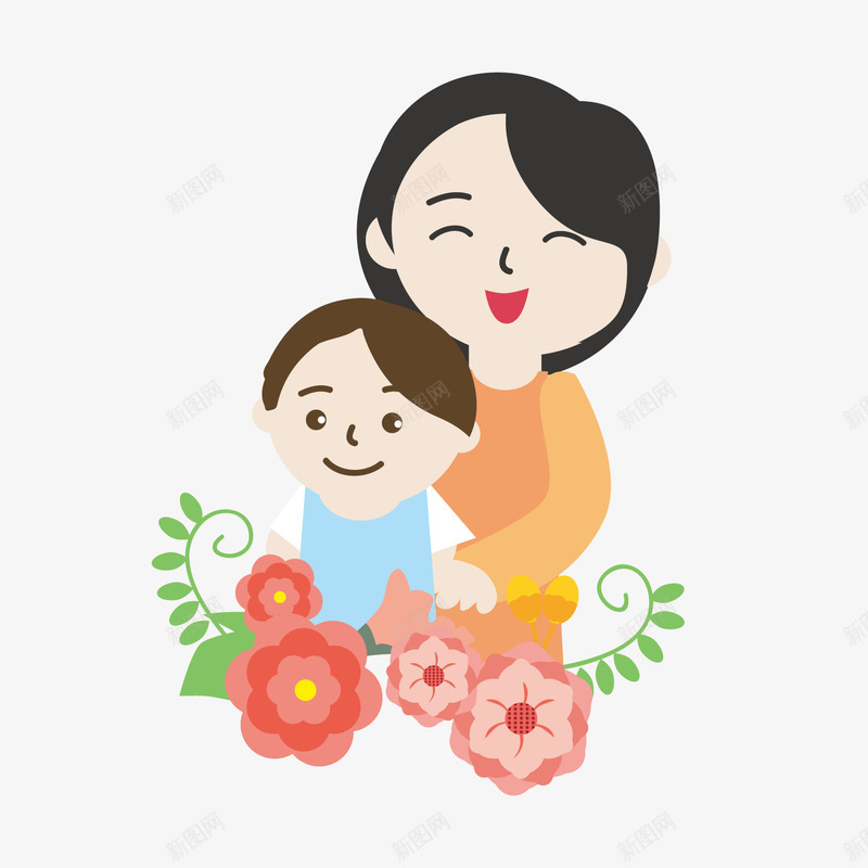 母亲节母子人物png免抠素材_新图网 https://ixintu.com 人物 卡通母子 彩色花卉 母亲节装饰 背景装饰