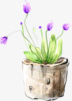 卡通手绘紫色花朵清新花盆素材