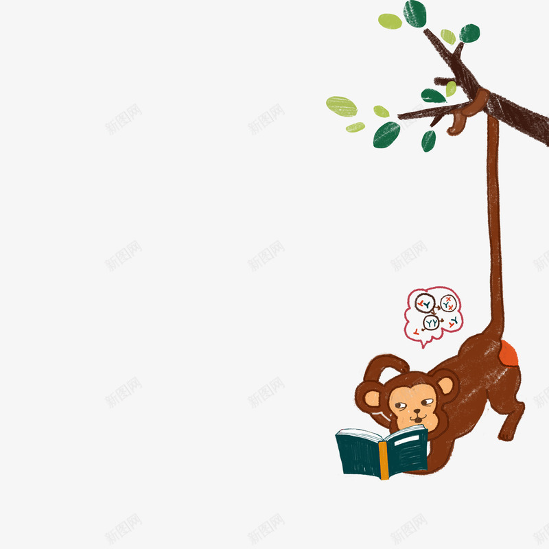 吊树上猴子psd免抠素材_新图网 https://ixintu.com 小猴子 树上猴子 水彩 读书小猴子