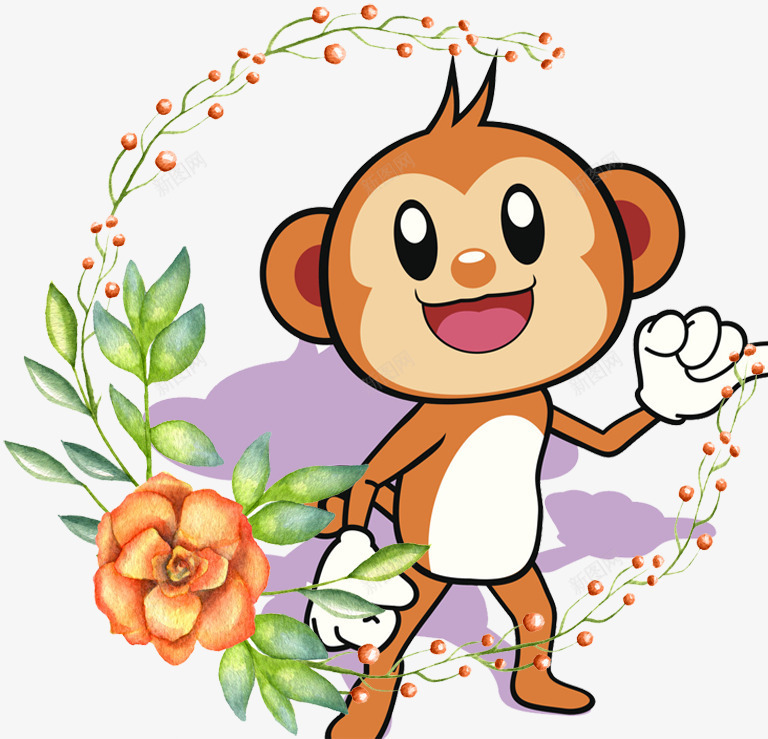 黄色猴子psd免抠素材_新图网 https://ixintu.com 卡通 小猴 影子 手绘 花圈 花朵