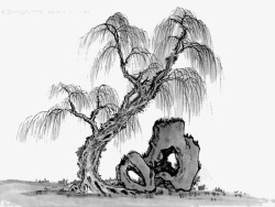 手绘水墨中国风柳树素材