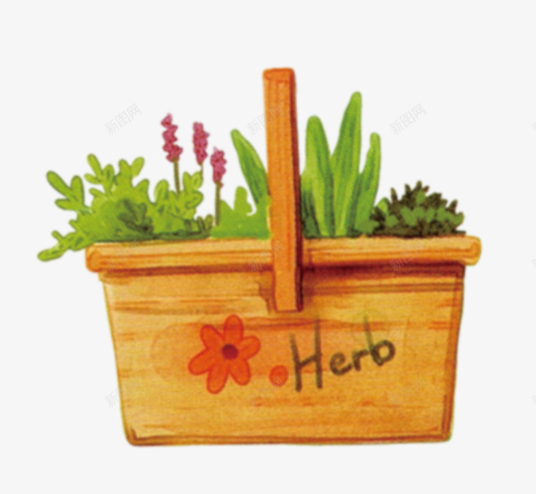 木质花盆png免抠素材_新图网 https://ixintu.com 卡通 小草 手绘 木质 棕色 篮子 红色 绿色