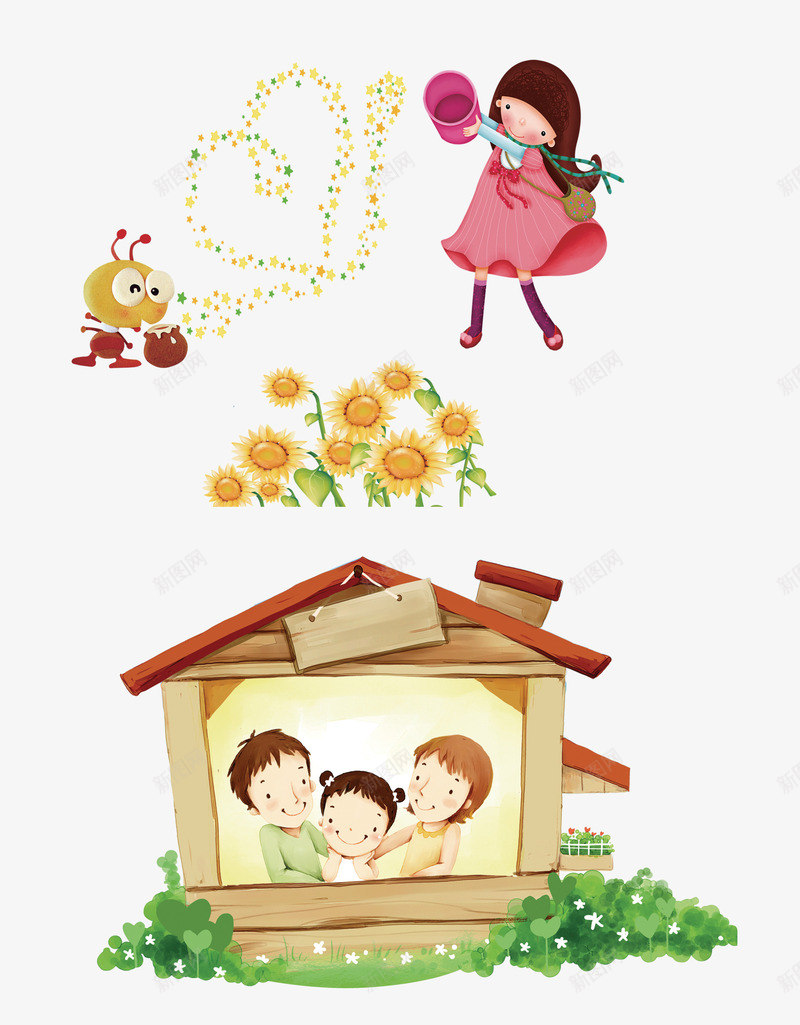 卡通一家人png免抠素材_新图网 https://ixintu.com 卡通 卡通女孩 卡通素材 卡通蜜蜂 房子