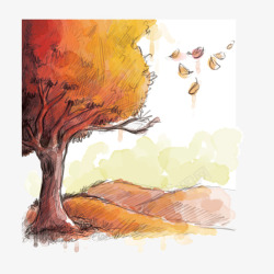 秋天金黄树木水彩风素材