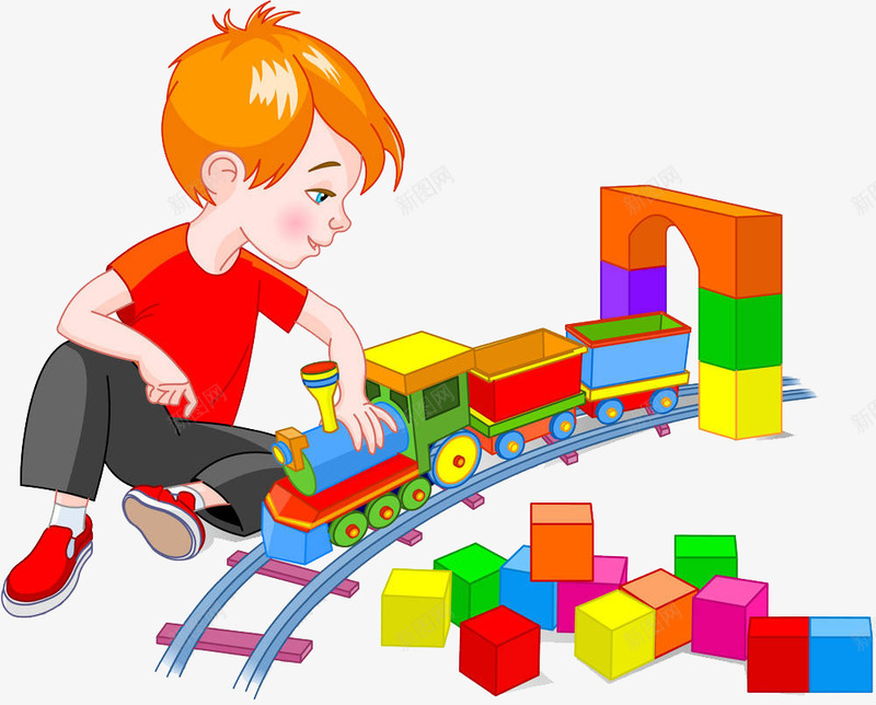 正在玩火车玩具的小男孩png免抠素材_新图网 https://ixintu.com 交通工具 列车 旅行 旅途 火车 火车头 火车轮 玩具 车 车厢 轨道 运行 长车厢