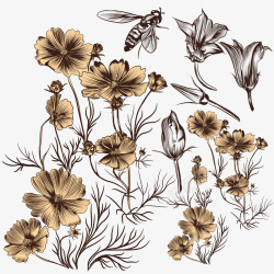 素描花朵蜜蜂矢量图素材