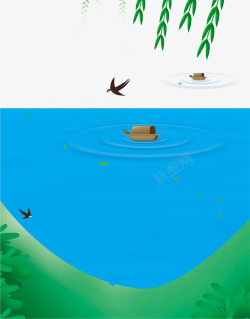 燕子图片蓝色清新春季池塘海报背景高清图片