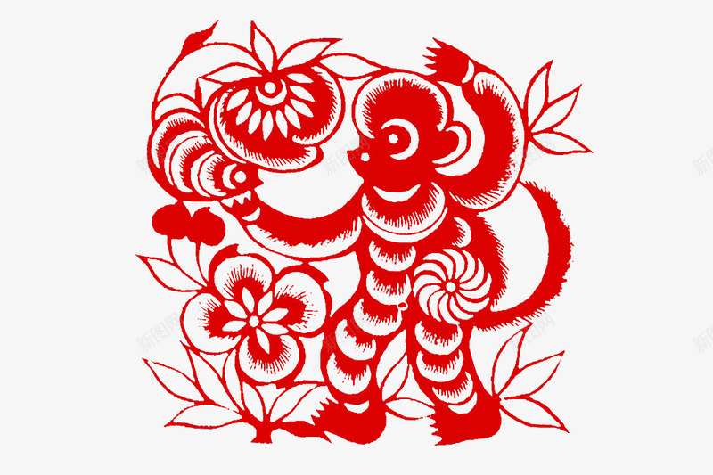 红色剪纸年画猴子png免抠素材_新图网 https://ixintu.com 剪纸 年画 猴子 红色