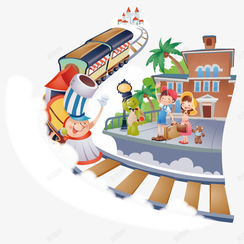 童话世界的火车和站台png免抠素材_新图网 https://ixintu.com 插画 教育 童话