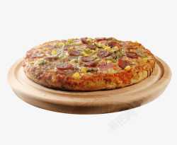 餐桌上丰盛食物火腿玉米披萨高清图片