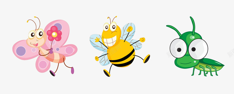 卡通动物png免抠素材_新图网 https://ixintu.com 保护自然 动物 卡通 害虫 彩色 插画 蜜蜂 蝗虫 蝴蝶