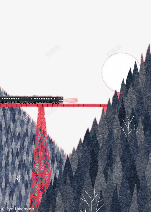 月夜火车过桥psd免抠素材_新图网 https://ixintu.com 卡通手绘 月夜 火车 过桥