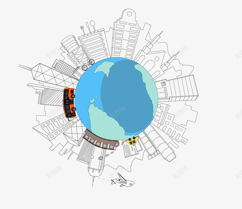 地球和城市png免抠素材_新图网 https://ixintu.com 卡通 圆形 地球 手绘 白色的 简图 蓝色的 高楼大厦