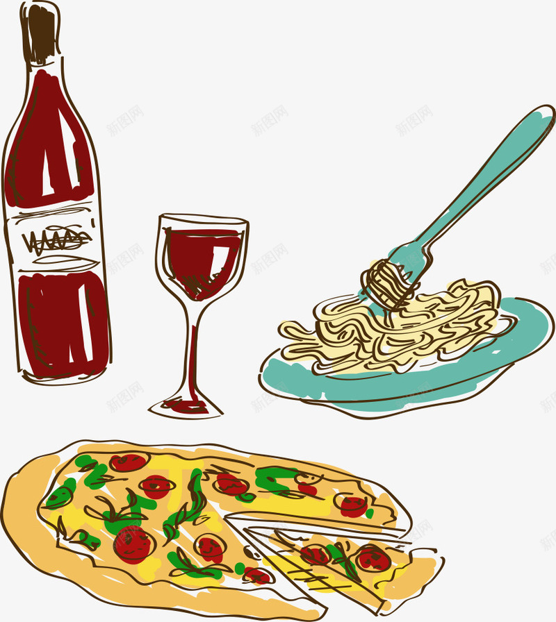 卡通手绘意大利饮食png免抠素材_新图网 https://ixintu.com 意大利面条 披萨 红酒 美食 饮食