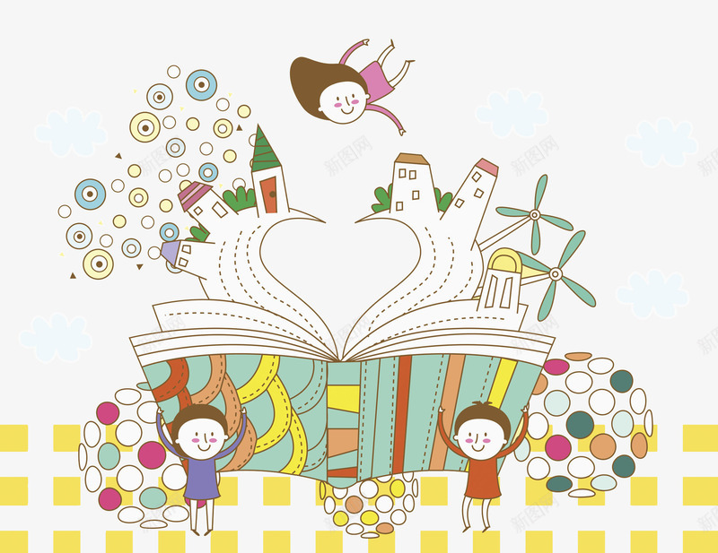 在书本旁快乐的孩子png免抠素材_新图网 https://ixintu.com 书本 卡通 可爱 学生 孩子 彩色 房子 手绘 风车