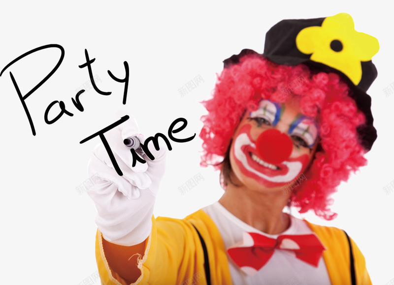 聚会时光png免抠素材_新图网 https://ixintu.com 小丑 白手套 红色的卷发 蝴蝶结 黑色的帽子