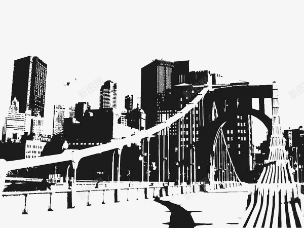 桥上城市png免抠素材_新图网 https://ixintu.com 创意手绘 桥 高楼 黑白风