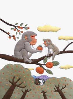 吃桃刺绣猴子母子吃桃高清图片