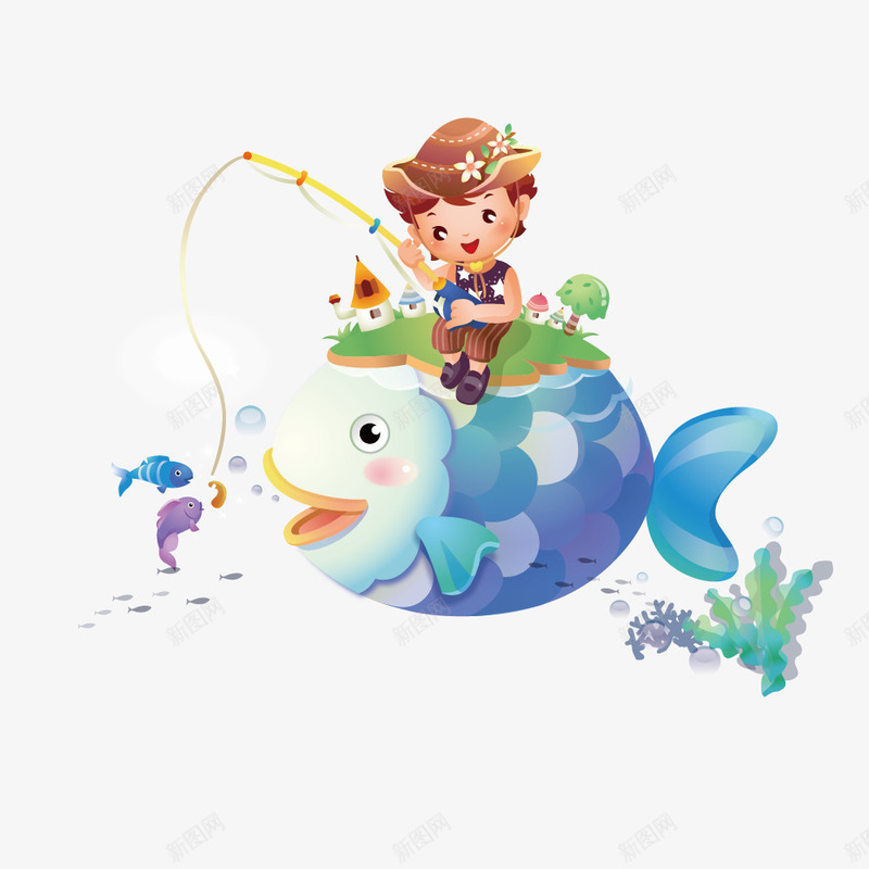 坐在大鱼上边的男孩矢量图ai免抠素材_新图网 https://ixintu.com 创意制作 童话 钓鱼 矢量图