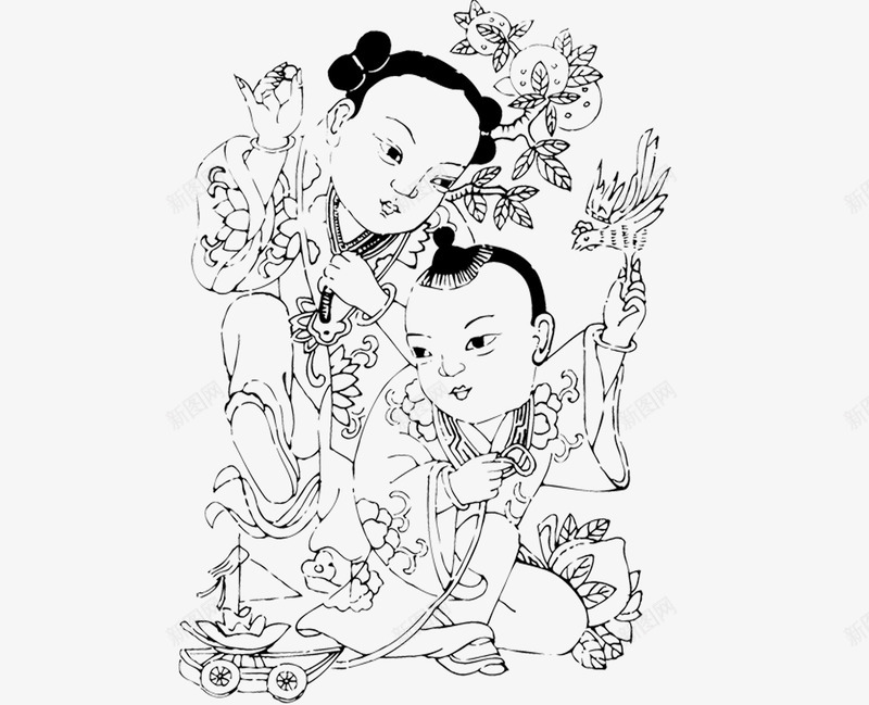 中国风母子黑白线条画1png免抠素材_新图网 https://ixintu.com 中国风 母亲节 母子 母爱 线条画 黑白画