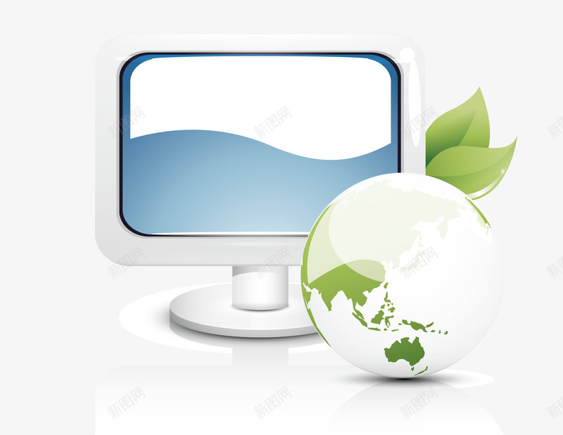 旁边有地球的电脑png免抠素材_新图网 https://ixintu.com 科技时代 绿色地球 绿色树叶 蓝色电脑