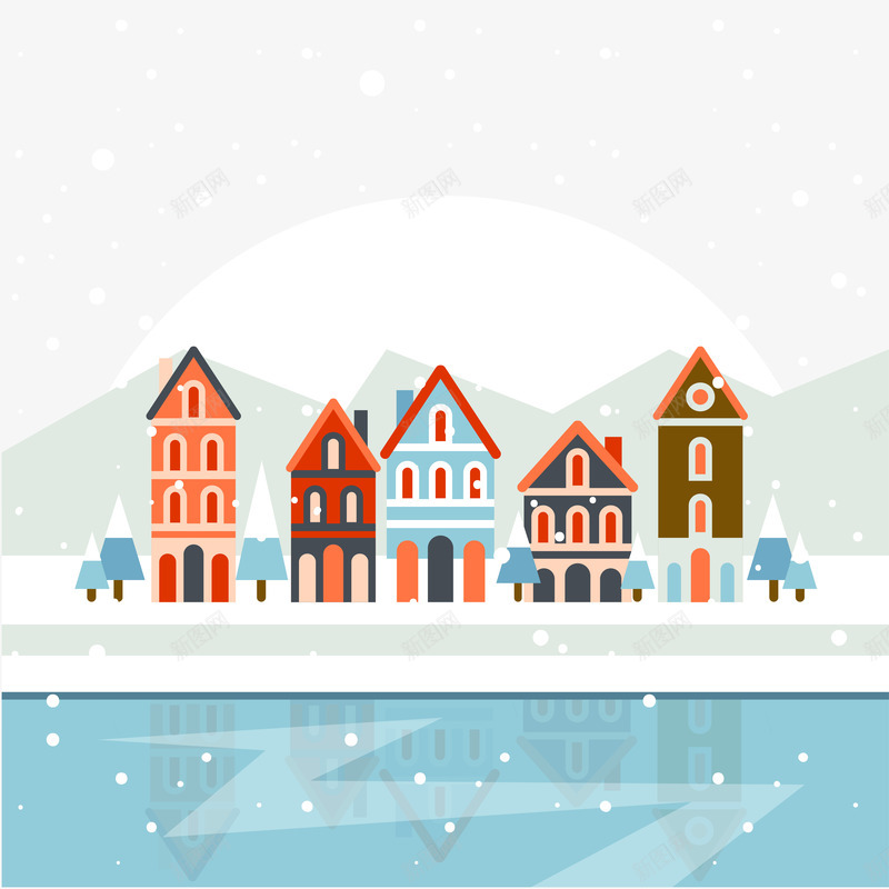 冬日雪景png免抠素材_新图网 https://ixintu.com 冬景 冰冻 建筑 河水 雪山
