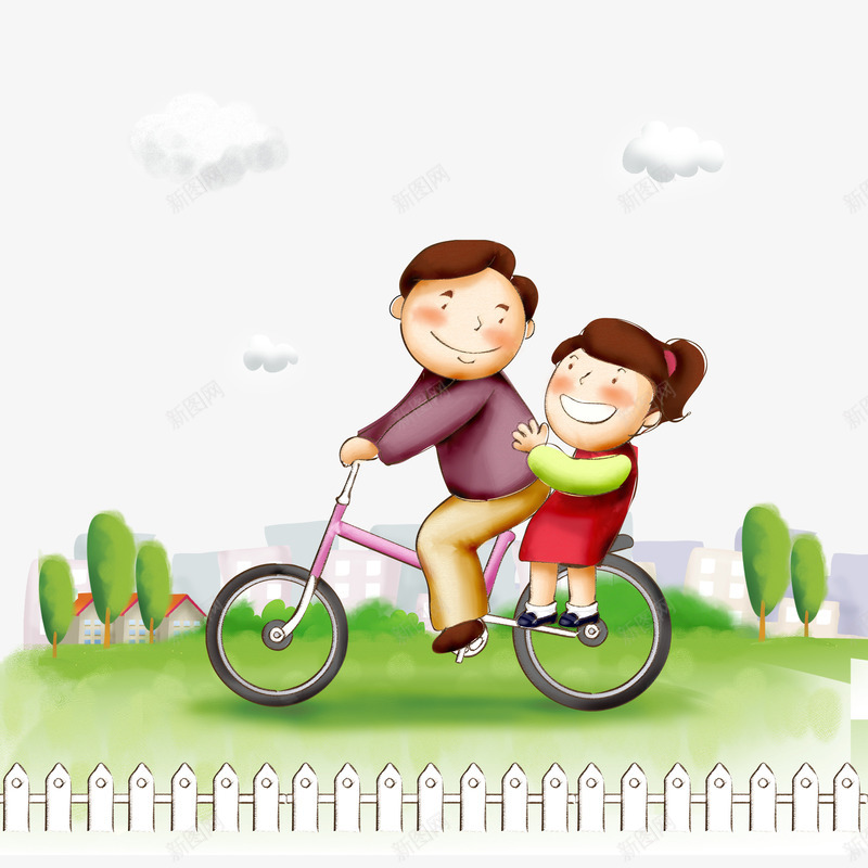 爸爸带孩子png免抠素材_新图网 https://ixintu.com 唯美 孩子 手绘 父亲 自行车