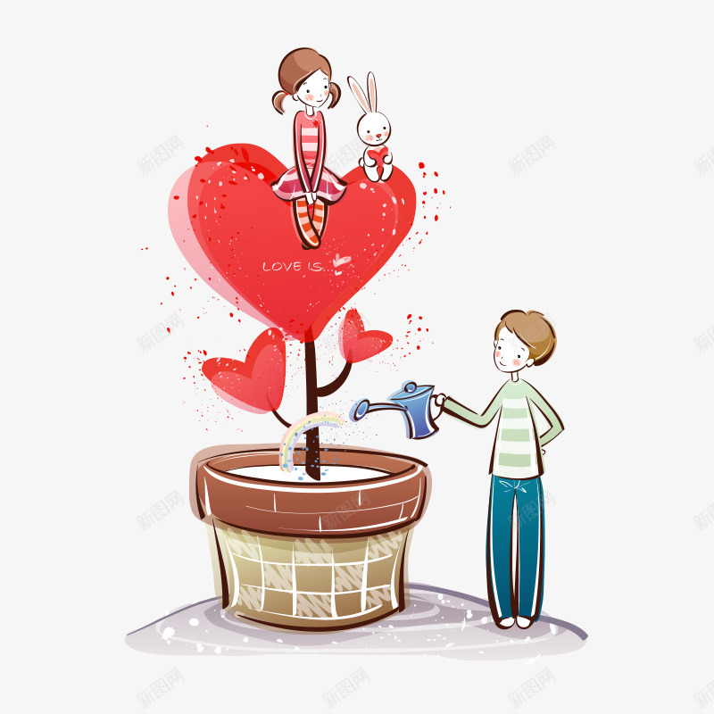 卡通日常生活png免抠素材_新图网 https://ixintu.com 人物 创意 卡通 日常生活 浇水 爱心 红色 花卉 花朵 花盆