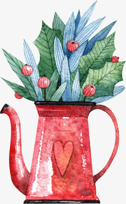 手绘红色茶壶花盆图素材