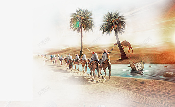 沙漠驼队psd免抠素材_新图网 https://ixintu.com 椰子树 水 沙漠 河流 背景 金色 驼队 骆驼