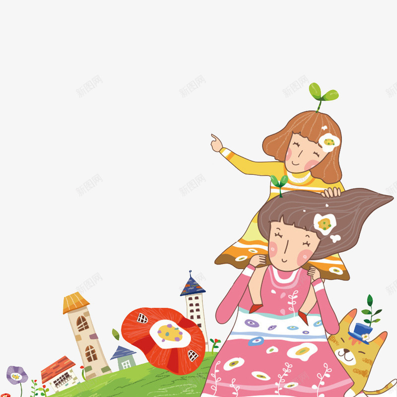 母亲和孩子png免抠素材_新图网 https://ixintu.com 卡通 女孩 房子 手绘 母亲节 水彩 草地