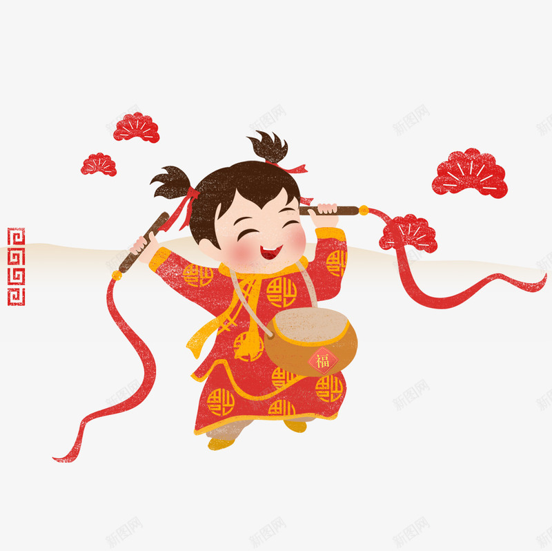 卡通手绘中国风欢庆新年psd免抠素材_新图网 https://ixintu.com 中国风 卡通 手绘 打鼓 打鼓的小女孩 欢庆新年 跳舞的女孩