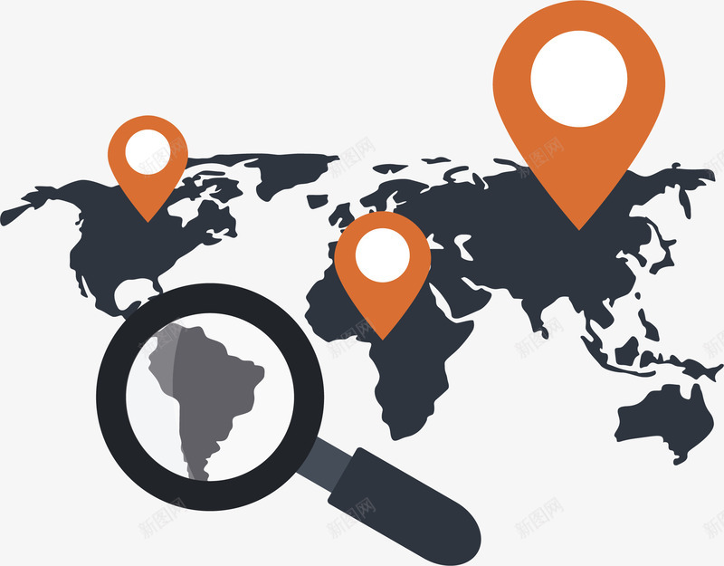 全球搜索定位png免抠素材_新图网 https://ixintu.com 世界地图 全球定位 定位符 放大镜 矢量素材