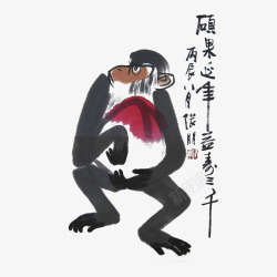 猴子抱桃中国风水墨画猴子抱桃延年益寿免高清图片