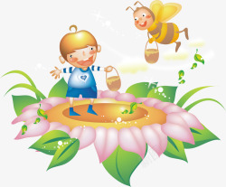 采花蜜小蜜蜂和小男孩高清图片